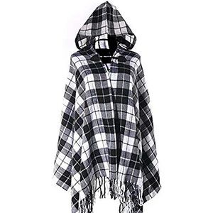 Plaid Winter Sweater Cape with Fringe & Hood